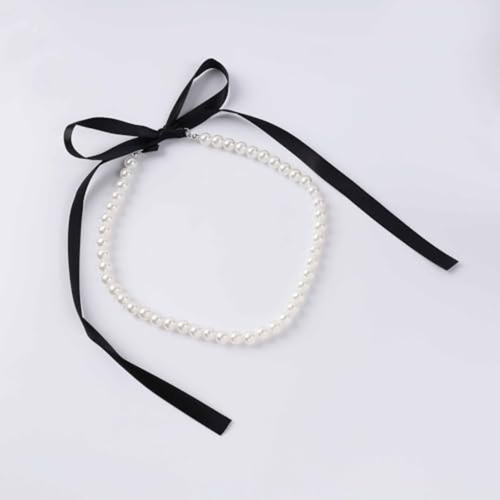 Faux Pearl Choker Necklace‎ with Black Satin Ribbon Bow Coquette Balletcore